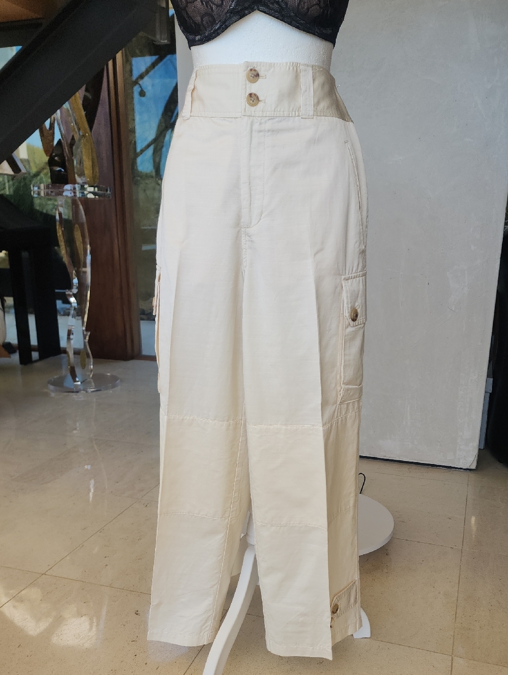 LAUREN Ralph Lauren Cream/Tan High-Rise Sateen Wide Leg Cargo Pants